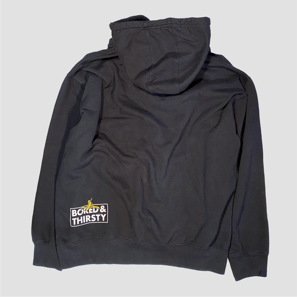 The back of our Classic B&T Thirstin Hoodie  features a little backside license plate with a banana topped brand hit to remind people just how thirsty they should be.